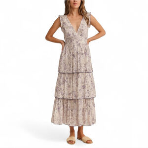 Happy x Nature | Cottage Plunge Neck Flutter Sleeve Ruffle Maxi Dress Tie Back 6